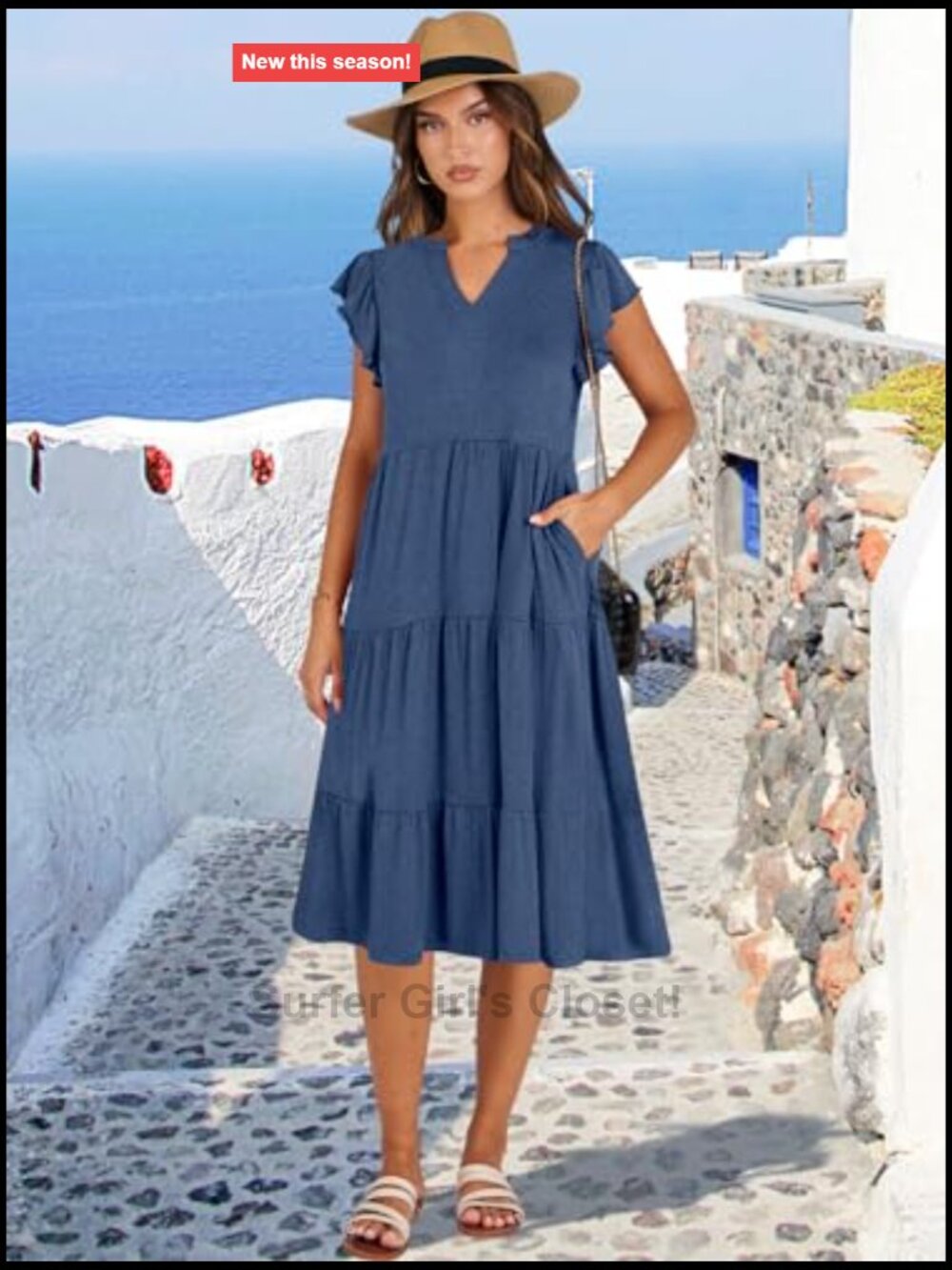 V Neck Ruffle Sleeve Tiered Midi Dress Flowy Summer Boho Beach - Picture 2 of 7